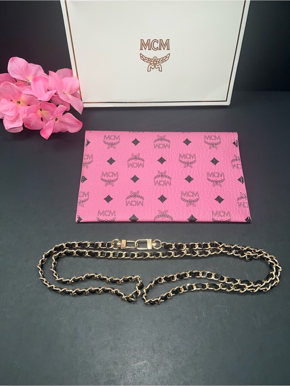 MCM Pink Visetos Envelope Clutch with Black and Gold Shoulder Strap - Picture 2 of 5